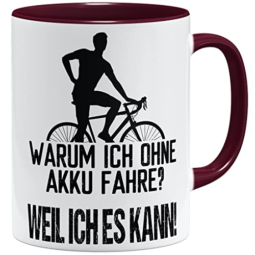 OM3® lustige Fahrrad Tasse mit Spruch - Warum ich ohne Akku fahre? - Weil ich es kann | Keramik Becher | 11oz 325ml | Beidseitig Bedruckt | Bordeaux von OM3