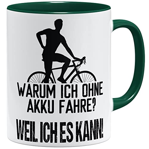 OM3® lustige Fahrrad Tasse mit Spruch - Warum ich ohne Akku fahre? - Weil ich es kann | Keramik Becher | 11oz 325ml | Beidseitig Bedruckt | Grün von OM3