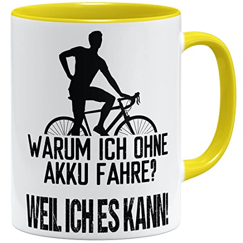 OM3® lustige Fahrrad Tasse mit Spruch - Warum ich ohne Akku fahre? - Weil ich es kann | Keramik Becher | 11oz 325ml | Beidseitig Bedruckt | Gelb von OM3