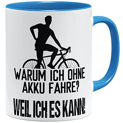 OM3® lustige Fahrrad Tasse mit Spruch - warum ich ohne Akku fahre? - Weil ich es kann | Keramik Becher | 11oz 325ml | Beidseitig Bedruckt | Hellblau von OM3