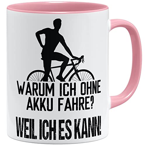 OM3® lustige Fahrrad Tasse mit Spruch - Warum ich ohne Akku fahre? - Weil ich es kann | Keramik Becher | 11oz 325ml | Beidseitig Bedruckt | Rosa von OM3