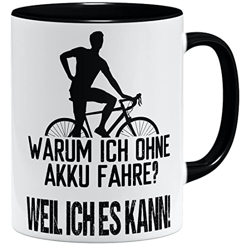 OM3® lustige Fahrrad Tasse mit Spruch - Warum ich ohne Akku fahre? - Weil ich es kann | Keramik Becher | 11oz 325ml | Beidseitig Bedruckt | Schwarz von OM3