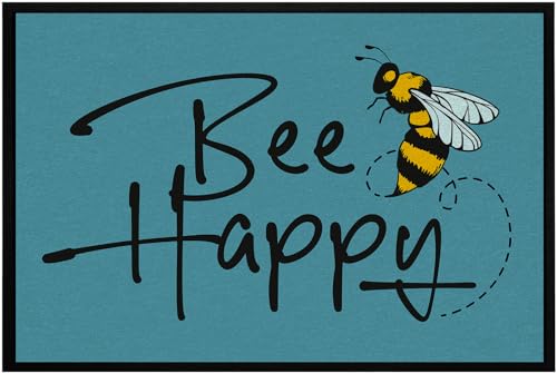 OM3® lustige Fußmatte mit Spruch - Be Happy - Biene Inker Blume - für Innen - rutschfest & waschbar - 60x40cm - von OM3