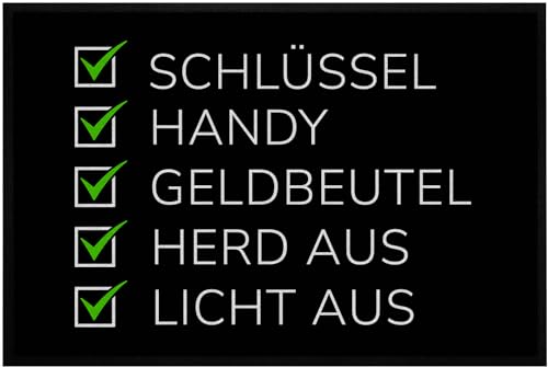 OM3® lustige Fußmatte mit Spruch | Checkliste -> Schlüssel Handy Geldbeutel Herd aus Licht aus | rutschfest & waschbar | 60x40cm | von OM3