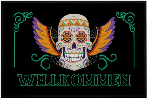 OM3® lustige Fußmatte mit Spruch - Welcome Sugar Skull - Day of The Dead - Dia de Los Muertos Blumen - rutschfest & waschbar - 60x40cm - von OM3