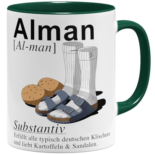 OM3® lustige Kaffee-Tasse mit Spruch - Alman - Typisch Deutsch Sandalen Kartoffeln Socken meme I | Keramik Becher | 325ml | Beidseitig Bedruckt | Grün von OM3