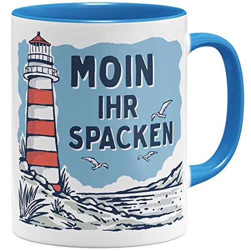 OM3® lustige Kaffee-Tasse mit Spruch - Moin Ihr Spacken - Slogan Leuchtturm Meer Küste - Keramik Becher - 11oz 325ml - Beidseitig Bedruckt - Hellblau von OM3