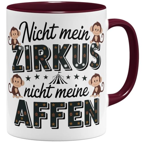 OM3® lustige Kaffee-Tasse mit Spruch - Nicht mein Zirkus nicht meine Affen - Zirkuszelt Äffchen - Statement Bürotasse IV | Keramik Becher | 325ml | Beidseitig Bedruckt | Bordeaux von OM3