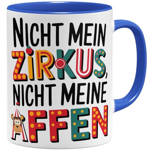 OM3® lustige Kaffee-Tasse mit Spruch - Nicht mein Zirkus nicht meine Affen - Zirkuszelt Äffchen - Statement Bürotasse V | Keramik Becher | 325ml | Beidseitig Bedruckt | Royalblau von OM3