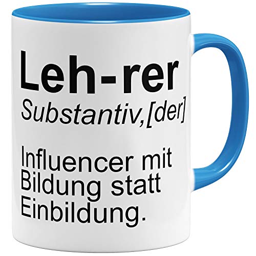 OM3® lustige Lehrer Kaffee-Tasse mit Spruch Influencer | Keramik Becher | 11oz 325ml | Beidseitig Bedruckt | Hellblau von OM3