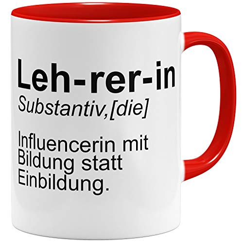 OM3® lustige Lehrerin Kaffee-Tasse mit Spruch Influencerin | Keramik Becher | 11oz 325ml | Beidseitig Bedruckt | Rot von OM3