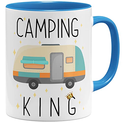 OM3® lustige Tasse mit Spruch - Camping King | Keramik Becher | 11oz 325ml | Beidseitig Bedruckt | Hellblau von OM3