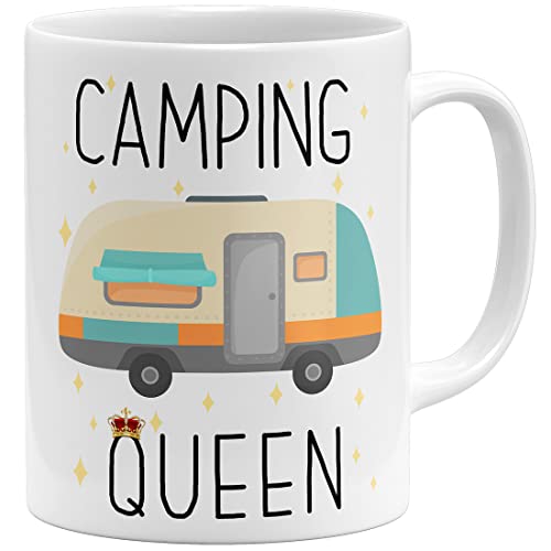 OM3® lustige Tasse mit Spruch - Camping Queen | Keramik Becher | 11oz 325ml | Beidseitig Bedruckt | Weiss von OM3