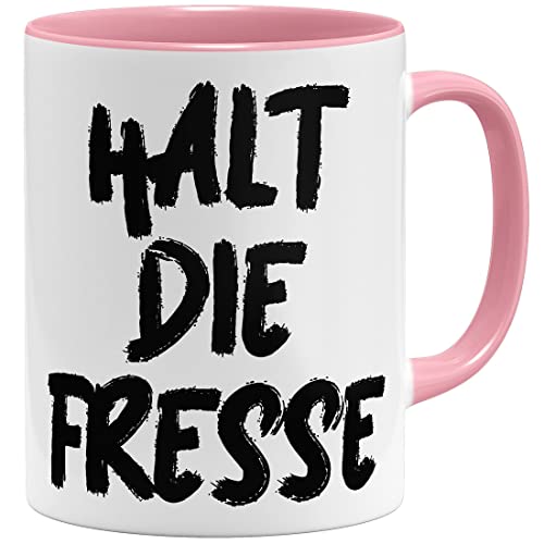 OM3® lustige Tasse mit Spruch - Halt die Fresse - Statement | Keramik Becher | 325ml | Beidseitig Bedruckt | Rosa von OM3