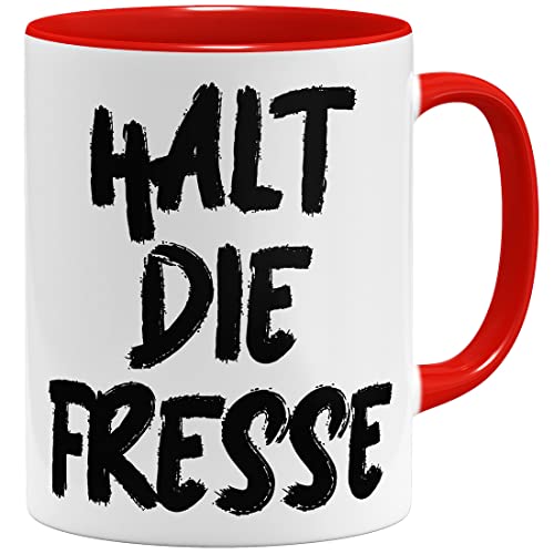 OM3® lustige Tasse mit Spruch - Halt die Fresse - Statement | Keramik Becher | 325ml | Beidseitig Bedruckt | Rot von OM3