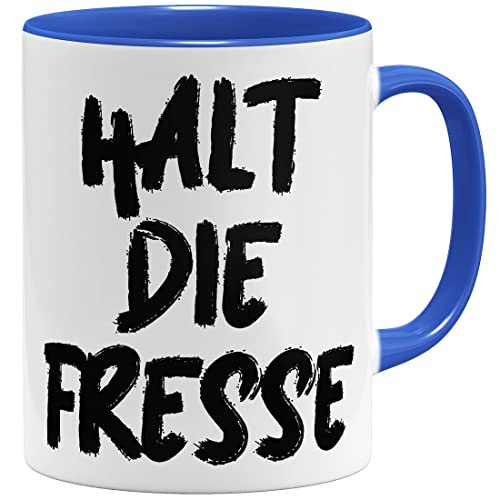 OM3® lustige Tasse mit Spruch - Halt die Fresse - Statement | Keramik Becher | 325ml | Beidseitig Bedruckt | Royalblau von OM3