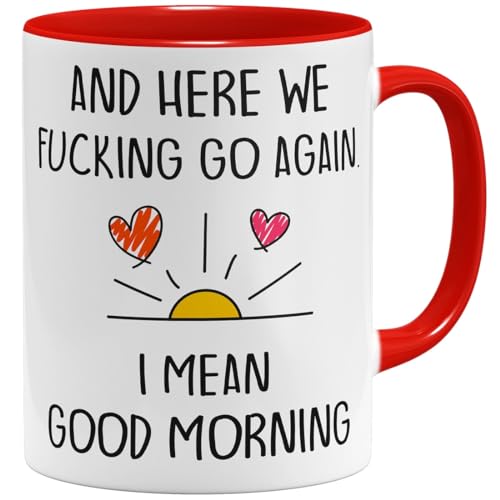 OM3® lustige Tasse mit Spruch - Here we fucking go again - good morning | Keramik Becher | 11oz 325ml | Beidseitig Bedruckt | Rot von OM3