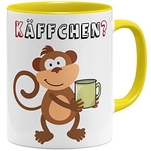 OM3® lustige Tasse mit Spruch - Käffchen AFFE Kaffee Äffchen | Keramik Becher | 11oz 325ml | Beidseitig Bedruckt | Gelb von OM3