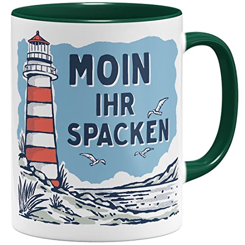 OM3® lustige Tasse mit Spruch - Moin Ihr Spacken - Slogan Leuchtturm Meer Küste | Keramik Becher | 11oz 325ml | Beidseitig Bedruckt | Grün von OM3