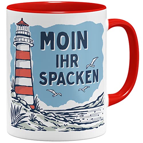 OM3® lustige Tasse mit Spruch - Moin Ihr Spacken - Slogan Leuchtturm Meer Küste | Keramik Becher | 11oz 325ml | Beidseitig Bedruckt | Rot von OM3