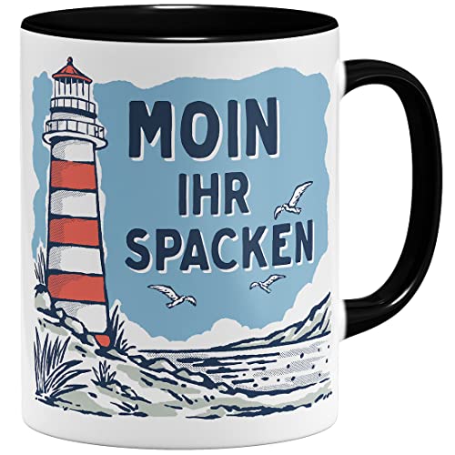 OM3® lustige Kaffee-Tasse mit Spruch - Moin Ihr Spacken - Slogan Leuchtturm Meer Küste - Keramik Becher - 11oz 325ml - Beidseitig Bedruckt - Schwarz von OM3