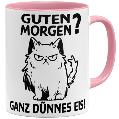 OM3® lustige Tasse mit Spruch - Morgenmuffel Katze - Guten Morgen - Statement | Keramik Becher | 11oz 325ml | Beidseitig Bedruckt | Rosa von OM3