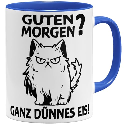 OM3® lustige Tasse mit Spruch - Morgenmuffel Katze - Guten Morgen - Statement | Keramik Becher | 11oz 325ml | Beidseitig Bedruckt | Royalblau von OM3