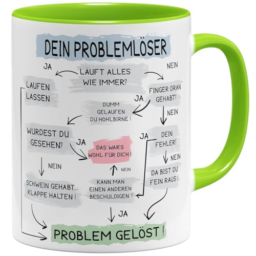 OM3® lustige Tasse mit Spruch - Problemlösung auf der Arbeit - Problemlöser | Keramik Becher | 11oz 325ml | Beidseitig Bedruckt | Hellgrün von OM3
