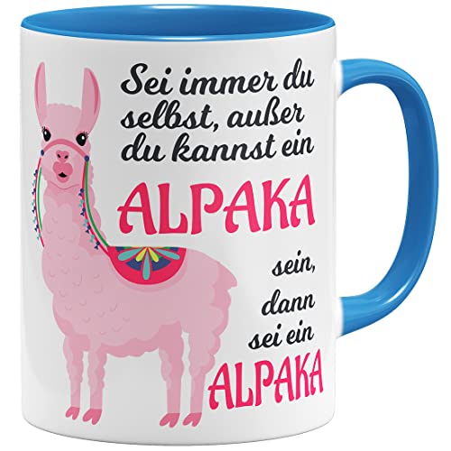 OM3® lustige Tasse mit Spruch - Sei Immer du selbst außer du Kannst EIN Alpaka | Keramik Becher | 11oz 325ml | Beidseitig Bedruckt | Hellblau von OM3