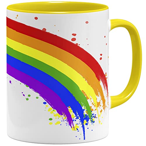 OM3® pur Joy Rainbow Kaffee-Tasse mit Regenbogen | Keramik Becher | 11oz 325ml | Rundumdruck | Gelb von OM3