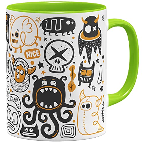 OM3® silly Monster Kaffeetasse lustige Kaffee-Tasse mit Monstermotiv Doodle | Keramik Becher | 11oz 325ml | Rundumdruck | Hellgrün von OM3