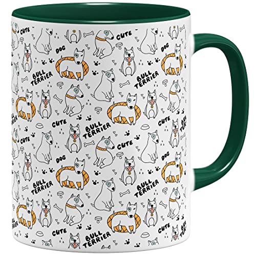 OM3® süße Kaffeetasse mit Bullterrier Tasse mit Hundemotiv Hund Bull Terrier | Keramik Becher | 11oz 325ml | Rundumdruck | Grün von OM3