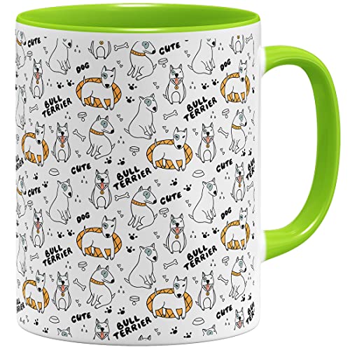 OM3® süße Kaffeetasse mit Bullterrier Tasse mit Hundemotiv Hund Bull Terrier | Keramik Becher | 11oz 325ml | Rundumdruck | Hellgrün von OM3