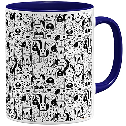 OM3® süße Kaffeetasse mit Hunden Tasse mit Hundemotiv Dogs | Keramik Becher | 11oz 325ml | Rundumdruck | Dunkelblau von OM3