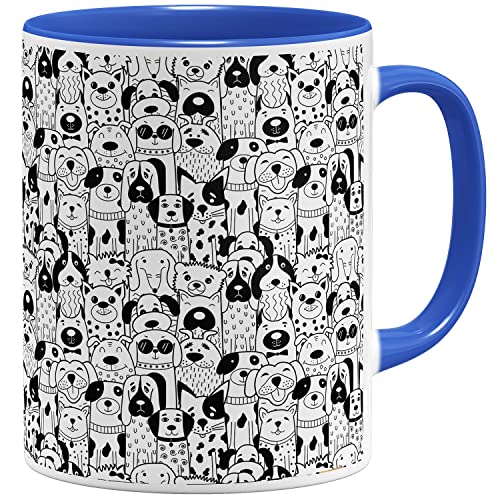 OM3® süße Kaffeetasse mit Hunden Tasse mit Hundemotiv Dogs | Keramik Becher | 11oz 325ml | Rundumdruck | Royalblau von OM3