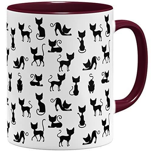 OM3® süße Kaffeetasse mit Katzen Cat Tasse mit Katzenmotiv Schwarze Katze | Keramik Becher | 11oz 325ml | Rundumdruck | Bordeaux von OM3