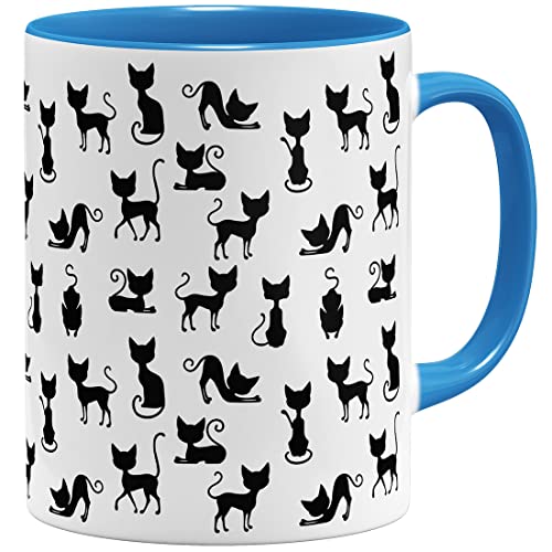 OM3® süße Kaffeetasse mit Katzen Cat Tasse mit Katzenmotiv Schwarze Katze | Keramik Becher | 11oz 325ml | Rundumdruck | Hellblau von OM3