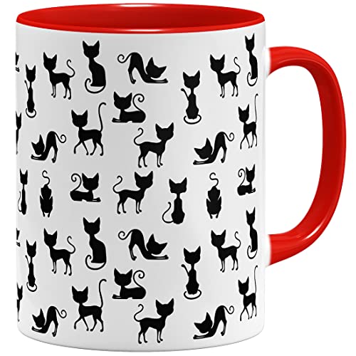 OM3® süße Kaffeetasse mit Katzen Cat Tasse mit Katzenmotiv Schwarze Katze | Keramik Becher | 11oz 325ml | Rundumdruck | Rot von OM3