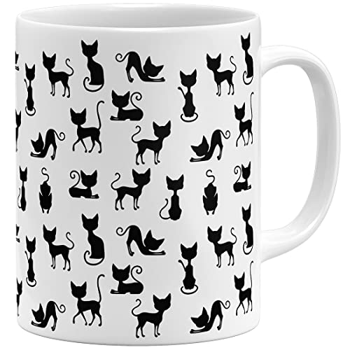OM3® süße Kaffeetasse mit Katzen Cat Tasse mit Katzenmotiv Schwarze Katze | Keramik Becher | 11oz 325ml | Rundumdruck | Weiss von OM3