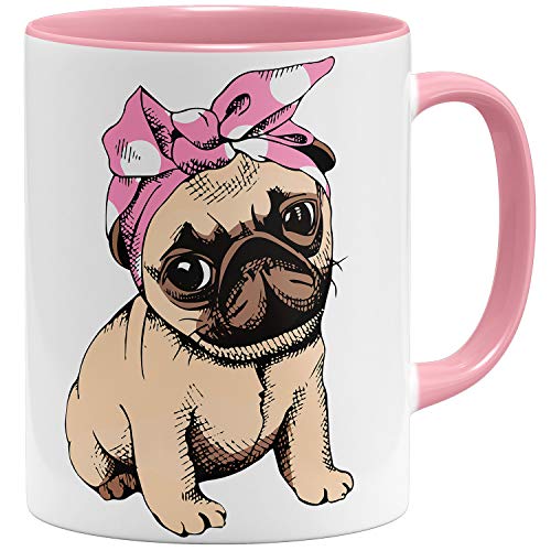 OM3® - süßer Mops Pug - Tasse | Keramik Becher | 11oz 325ml | Beidseitig Bedruckt | Rosa von OM3