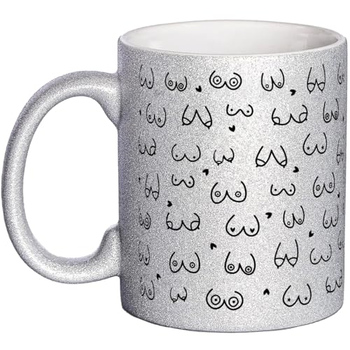 OM3® witzige Glitzertasse mit Brüsten Kaffeetasse Titten Tasse Brüste-Muster - Glitter Tasse - Keramik Becher - 11oz 325ml - Rundumdruck - Silber von OM3