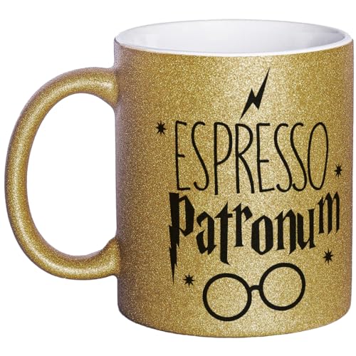 OM3® witzige Glitzertasse mit Spruch - Espresso Patronum mit Zauberspruch - Glitter Tasse | Keramik Becher | 11oz 325ml | Rundumdruck | Gold von OM3