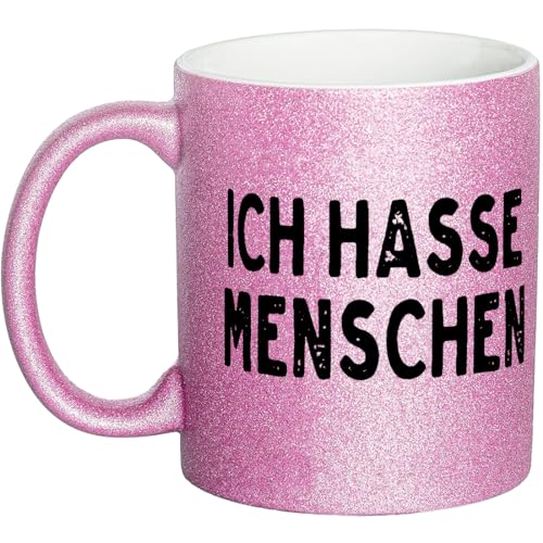 OM3® witzige Glitzertasse mit Spruch - Ich Hasse Menschen - Statement - Glitter Tasse | Keramik Becher | 11oz 325ml | Rundumdruck | Rosa von OM3