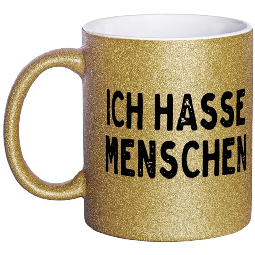 OM3® witzige Glitzertasse mit Spruch - Ich Hasse Menschen - Statement - Glitter Tasse | Keramik Becher | 11oz 325ml | Rundumdruck | Gold von OM3