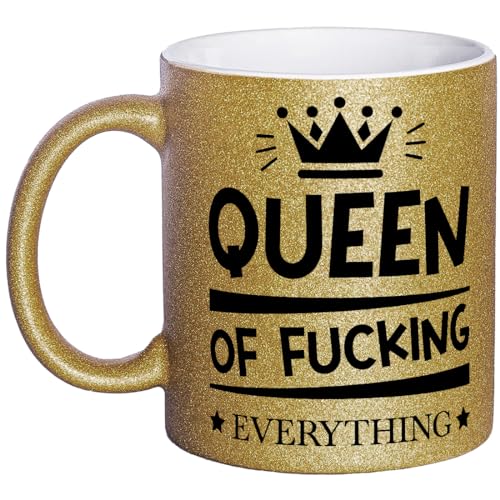 OM3® witzige Glitzertasse mit Spruch - Queen of Fucking Everything - Statement - Glitter Tasse | Keramik Becher | 11oz 325ml | Rundumdruck | Gold von OM3