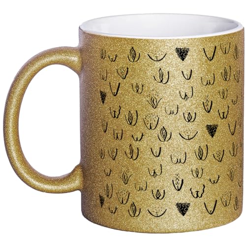 OM3® witzige Glitzertasse mit Vaginas Vulva Kaffeetasse Muschi Rundherum-Muster - Glitter Tasse | Keramik Becher | 11oz 325ml | Beidseitig Bedruckt | Gold von OM3