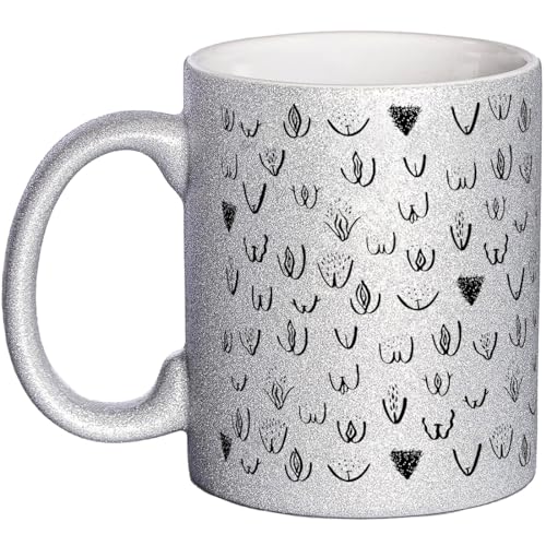 OM3® witzige Glitzertasse mit Vaginas Vulva Kaffeetasse Muschi Rundherum-Muster - Glitter Tasse - Keramik Becher - 11oz 325ml - Beidseitig Bedruckt - Silber von OM3