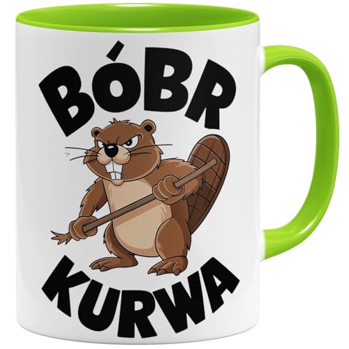 OM3® witzige Kaffee-Tasse mit Spruch - Bobr Kurwa - viral Meme - Beaver - Biber - Bober | Keramik Becher | 325ml | Beidseitig Bedruckt | Hellgrün von OM3