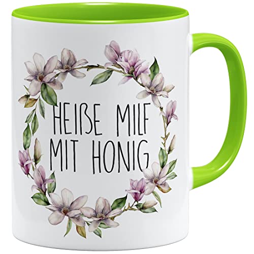 OM3® witzige Kaffee-Tasse mit Spruch - Heiße Milf mit Honig - kitschig Blumen - Keramik Becher - 325ml - Beidseitig Bedruckt - Hellgrün von OM3