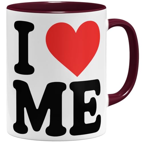 OM3® witzige Kaffee-Tasse mit Spruch - I love me - Selbstverliebt Narzissmus - Ich liebe mich II - Keramik Becher - 325ml - Beidseitig Bedruckt - Bordeaux von OM3